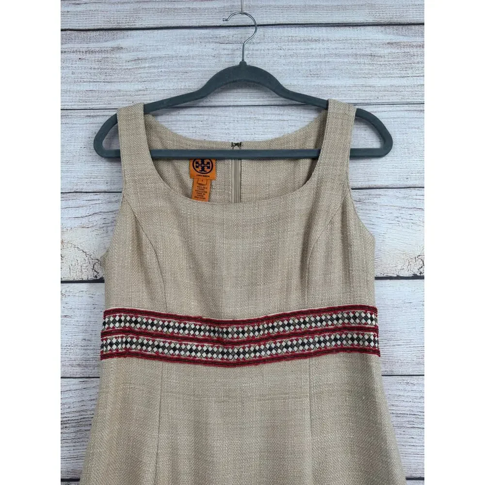 Tory Burch Woven Silk BOHO Midi‎ Dress Womens 8 Beige Red Lined Split Hem